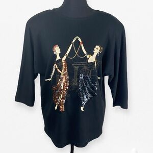 Rare vintage Peter Valentine flapper girls beaded accent black knit top blouse M
